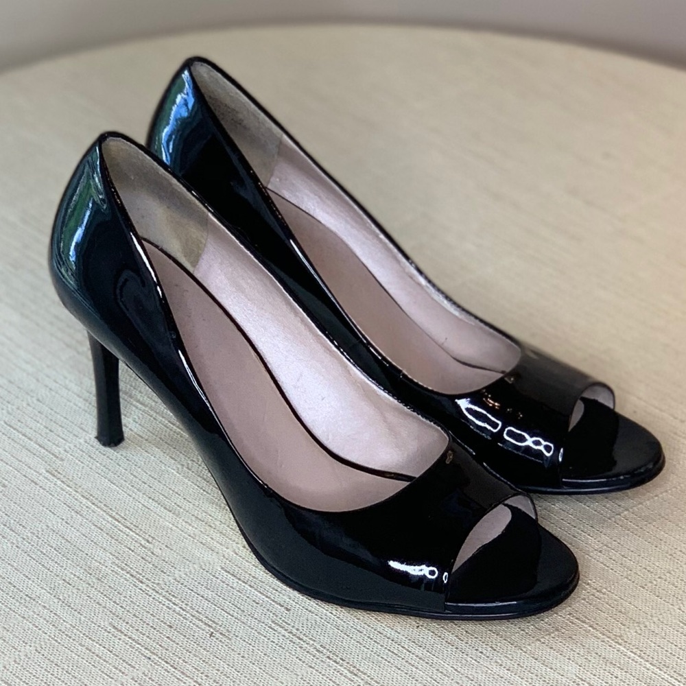 Nine West black patent open toe pumps